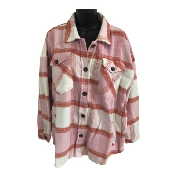 Kensie pink white colorblock plaid fleece flannel look button down shacket Large - Picture 7 of 16
